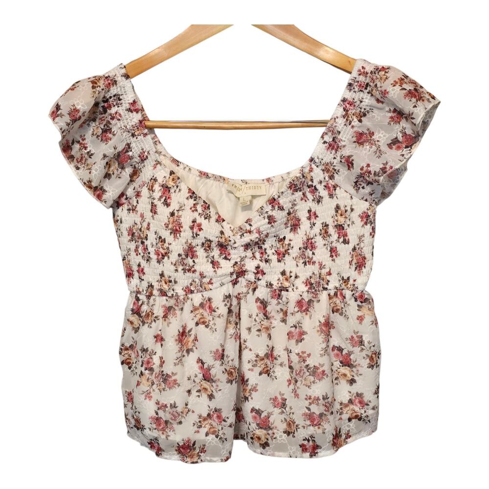 Thirty Thirty LA Babydoll Top Womens Large White Floral Print Smocked Feminine